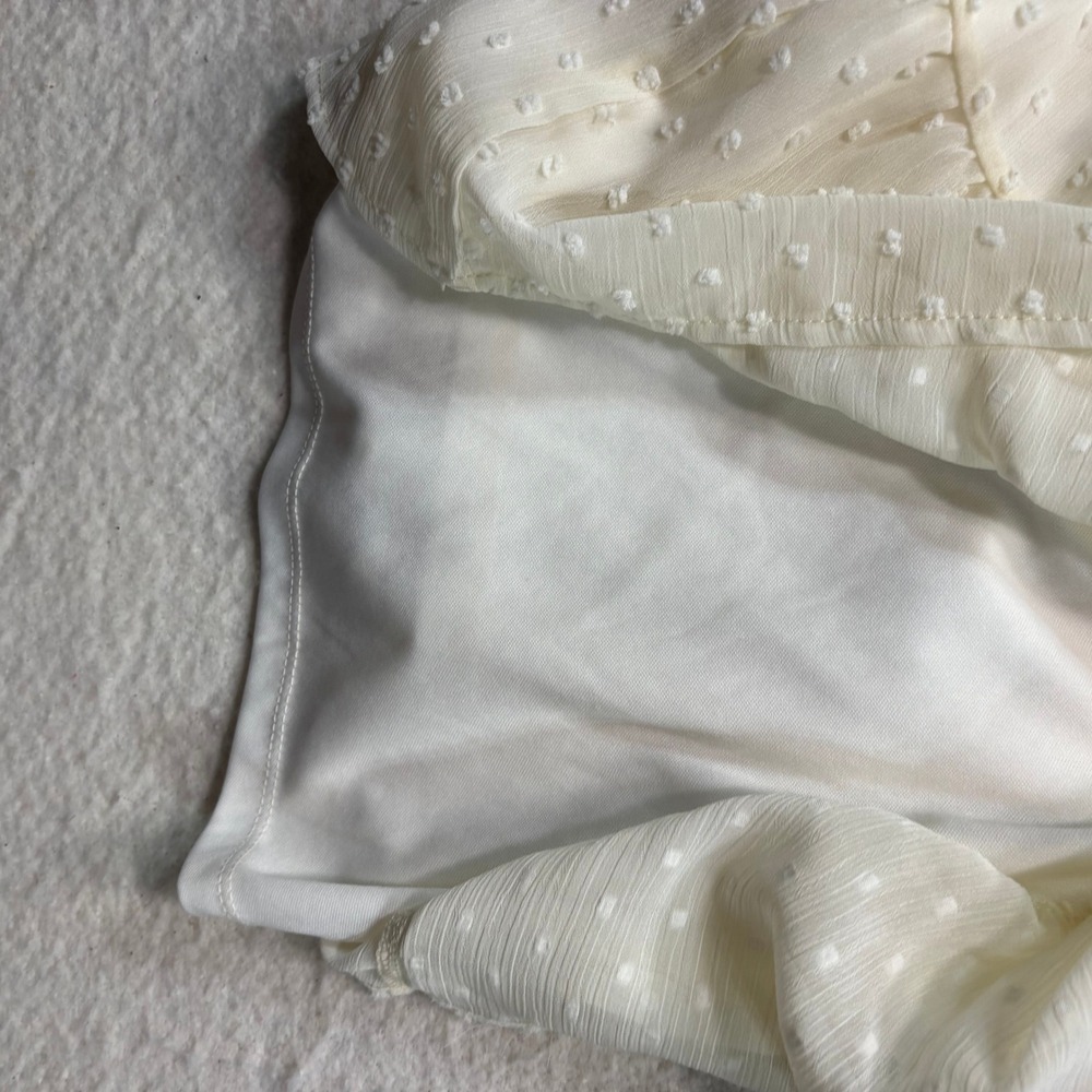 Wishful Thinking Cream Swiss Dot Mini Dress Smocked Waist Ruffle Hem Medium #390 - Picture 11 of 11